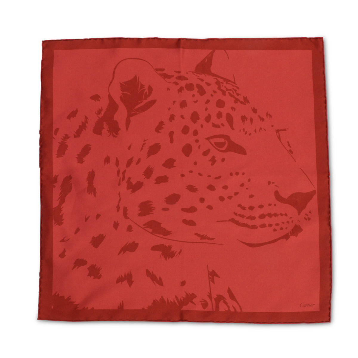 Cartier Red Silk Panther Head Motif Scarf 42