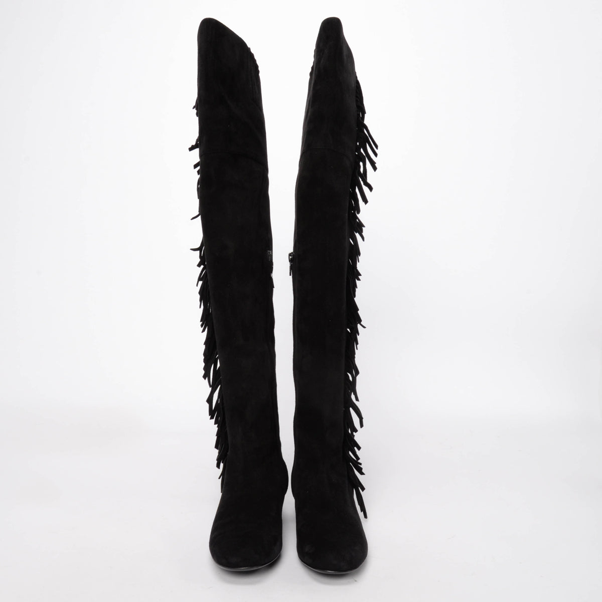 Saint Laurent Black Suede Fringed Over the Knee Boots 37