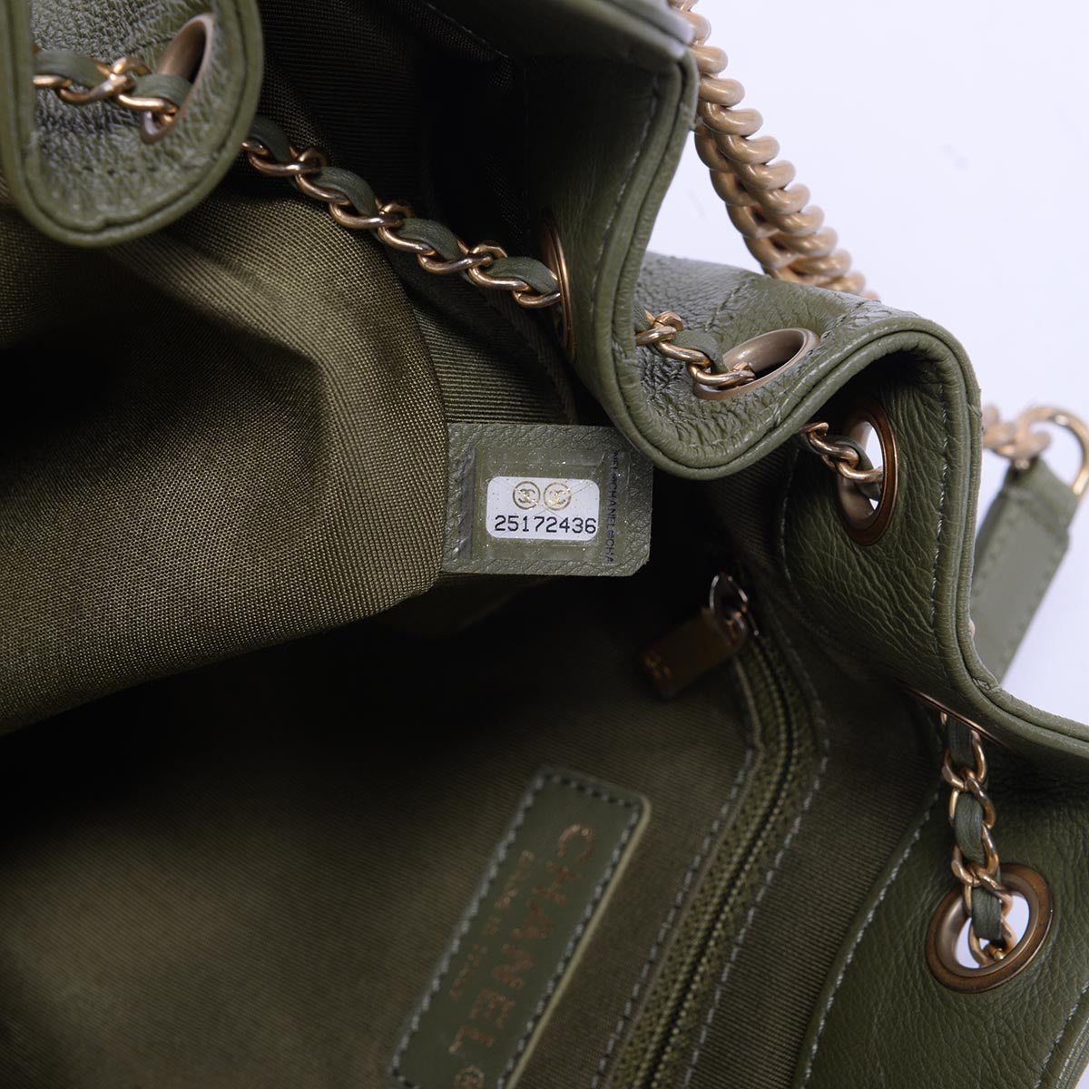 Chanel Army Green Chevron Calfskin CC Drawstring Bag