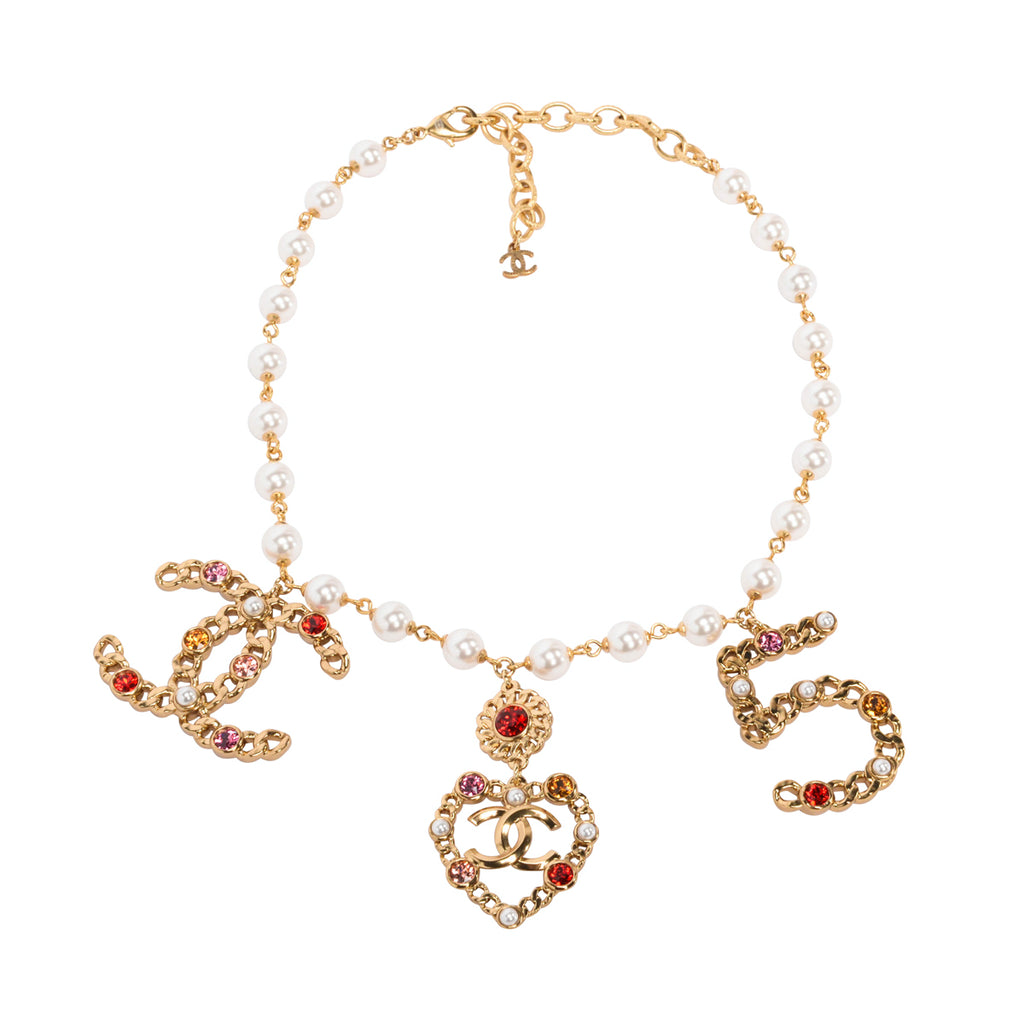 Chanel Gold Tone Pearl Crystal Coco Charm Choker Necklace