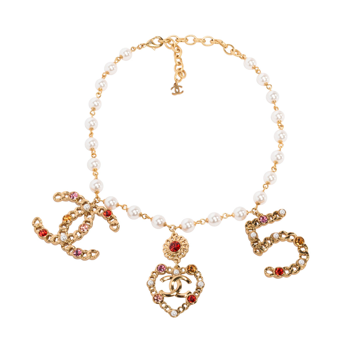 Chanel Gold Tone Pearl & Crystal Coco Charm Choker Necklace