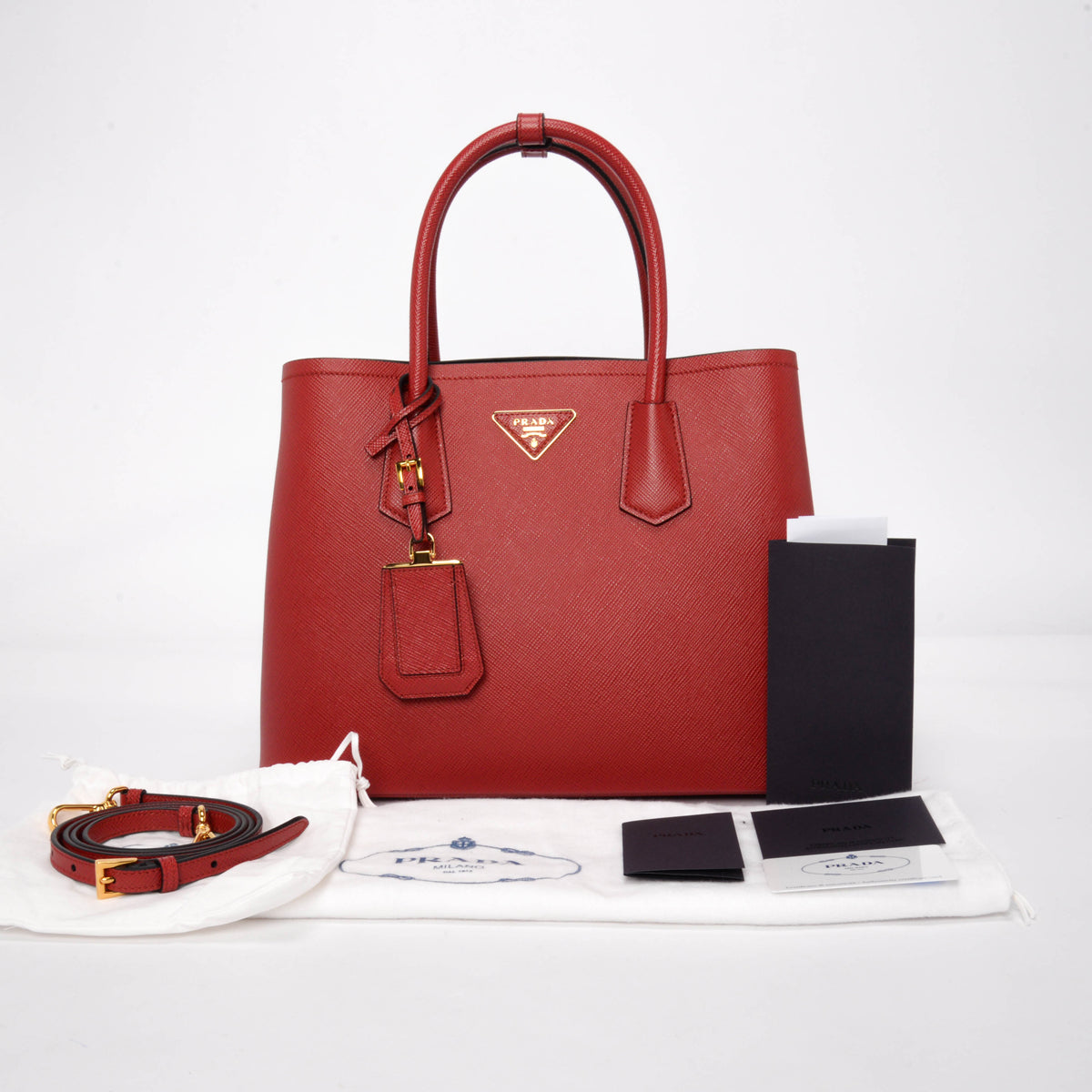 Prada Red Saffiano Cuir Medium Double Bag