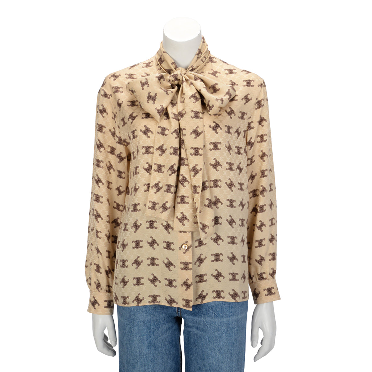 Celine Beige Silk Triomphe Tie-Neck Blouse FR 38
