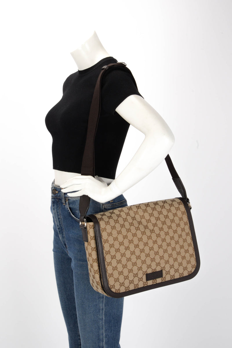 Gucci Beige GG Canvas Flap Messenger Cross Body Bag