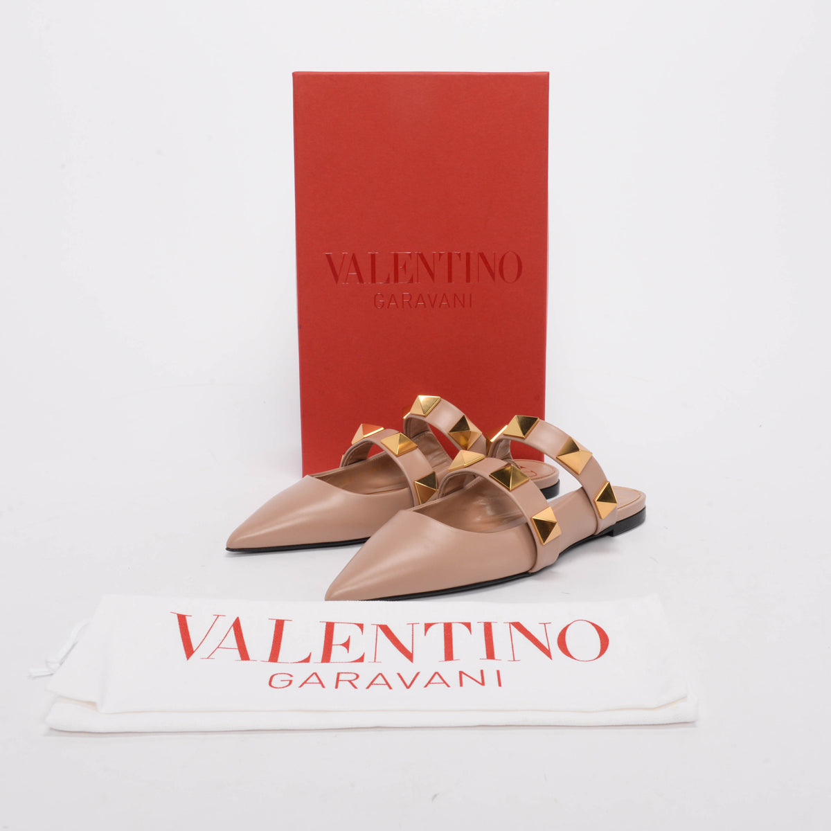 Valentino Rose Cannelle Calfskin Roman Stud Flats 38