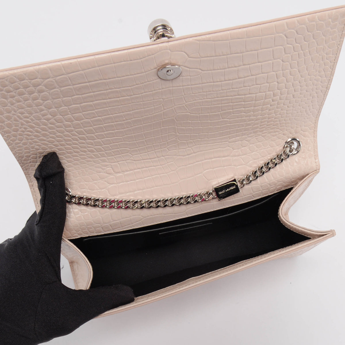 Saint Laurent Light Beige Croc Embossed Medium Kate Tassel Bag