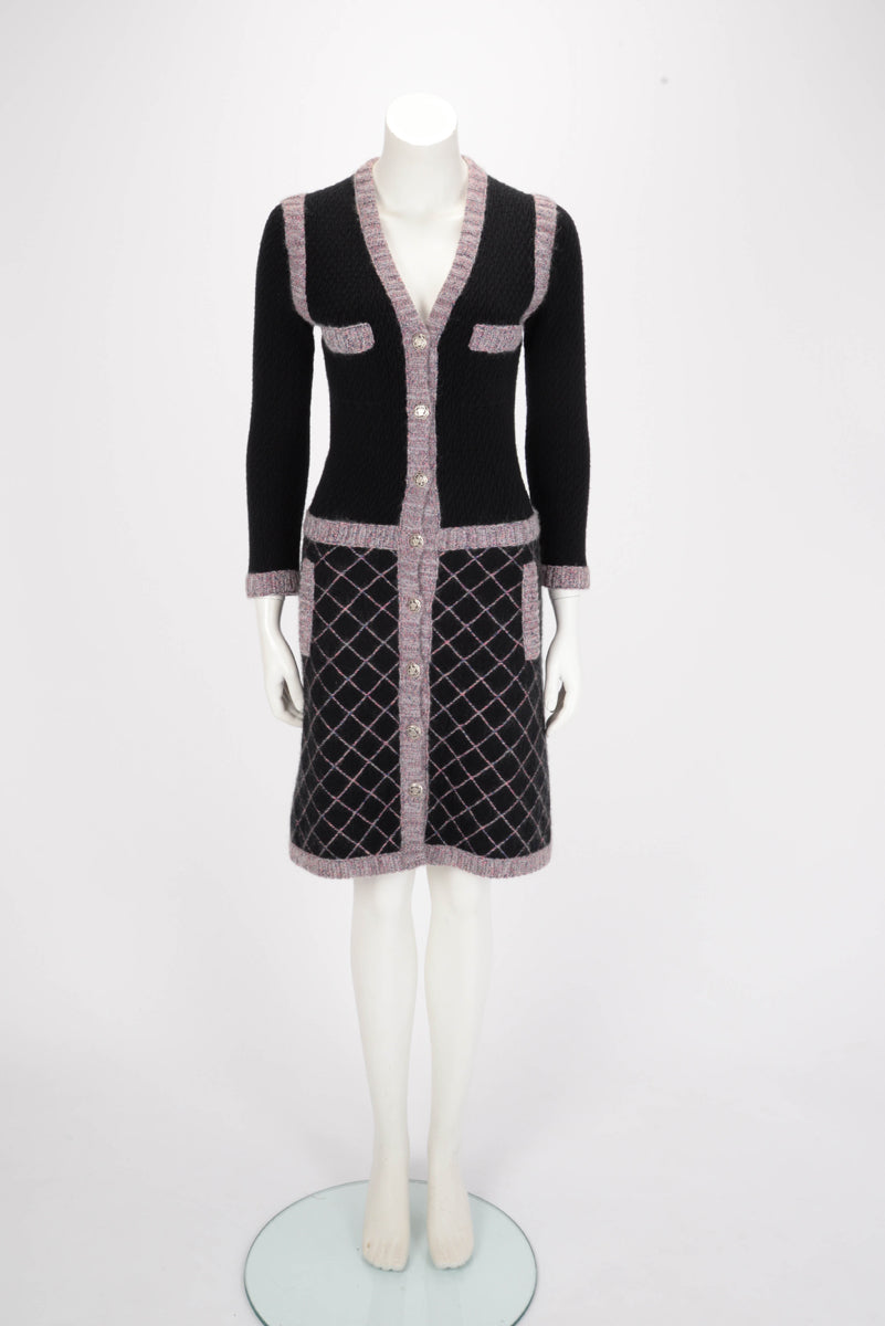 Chanel Black & Purple Cashmere Camellia Button Dress FR 36
