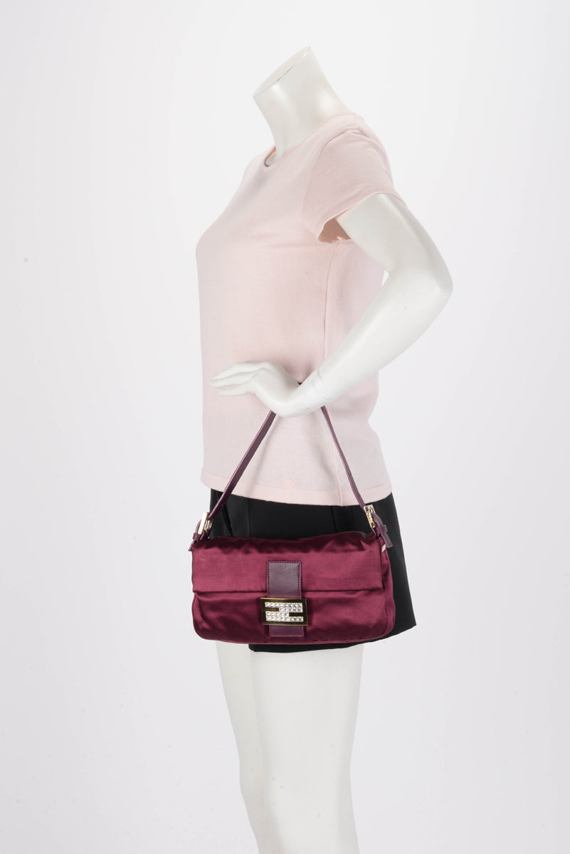 Fendi Burgundy Satin Crystal Baguette Bag