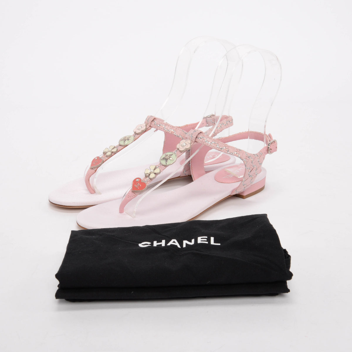 Chanel Pink Raffia CC Charms Thong Sandals 37