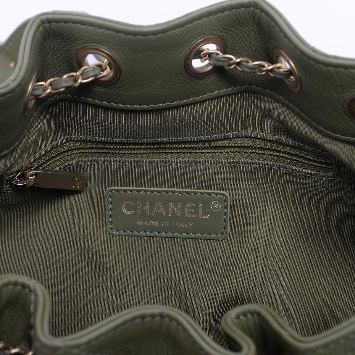 Chanel Army Green Chevron Calfskin CC Drawstring Bag