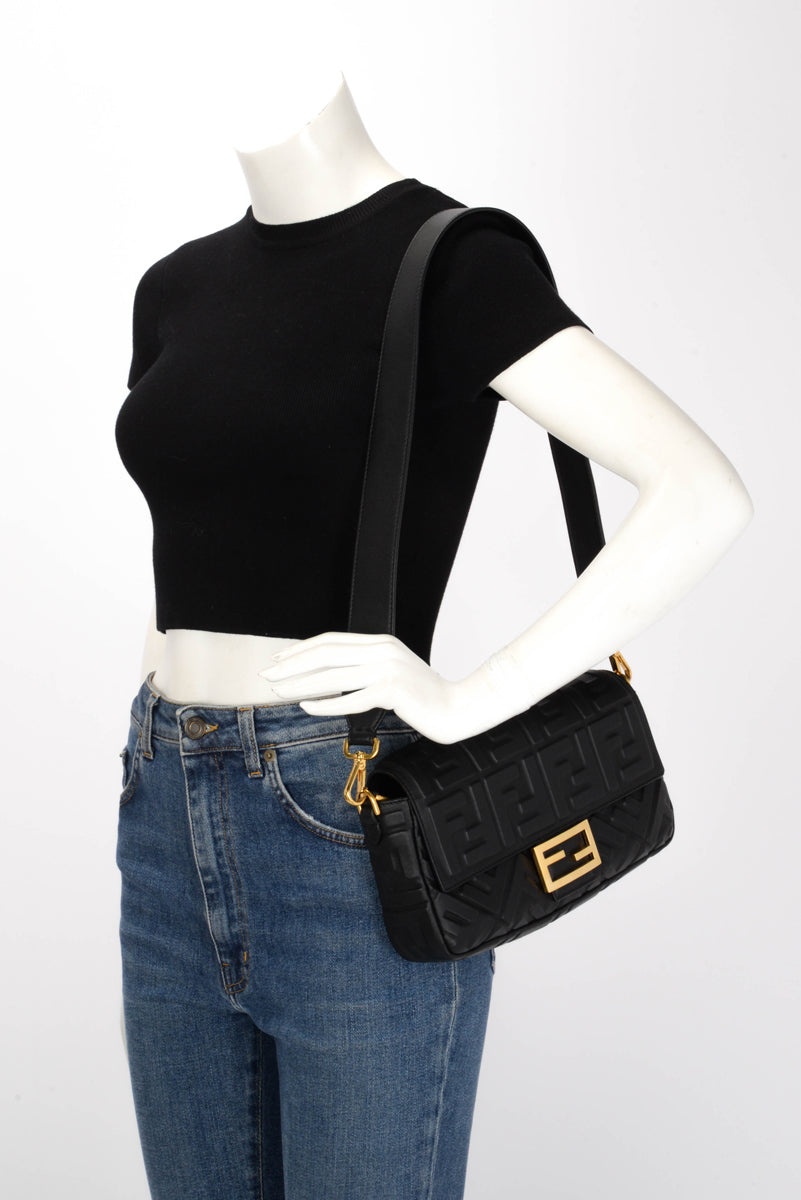 Fendi Black Nappa FF Embossed Baguette Bag