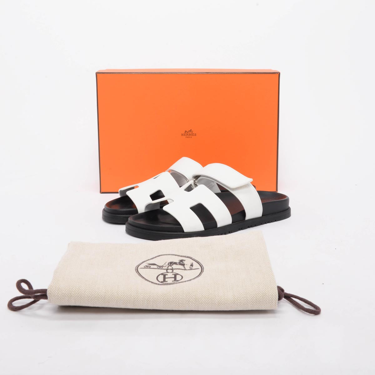 Hermes Black & White Calfskin Chypre Sandals 38.5