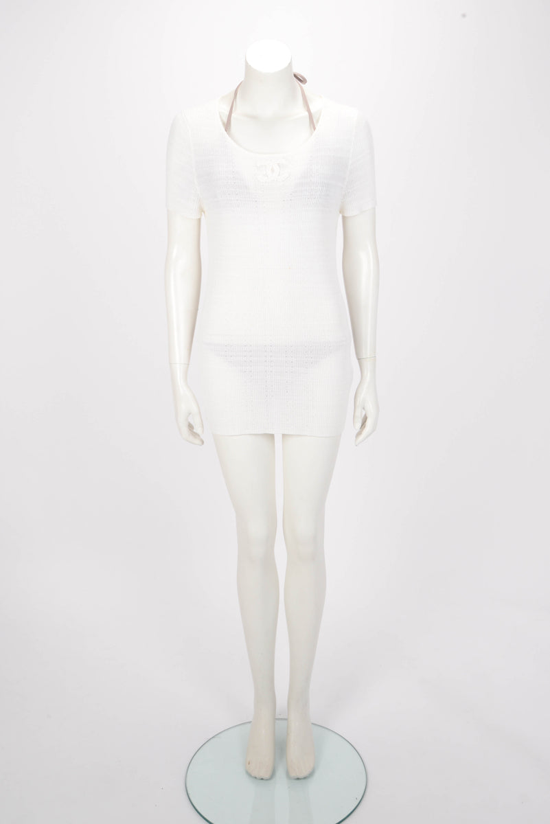 Chanel Ivory Cotton Pointelle CC Top FR 48