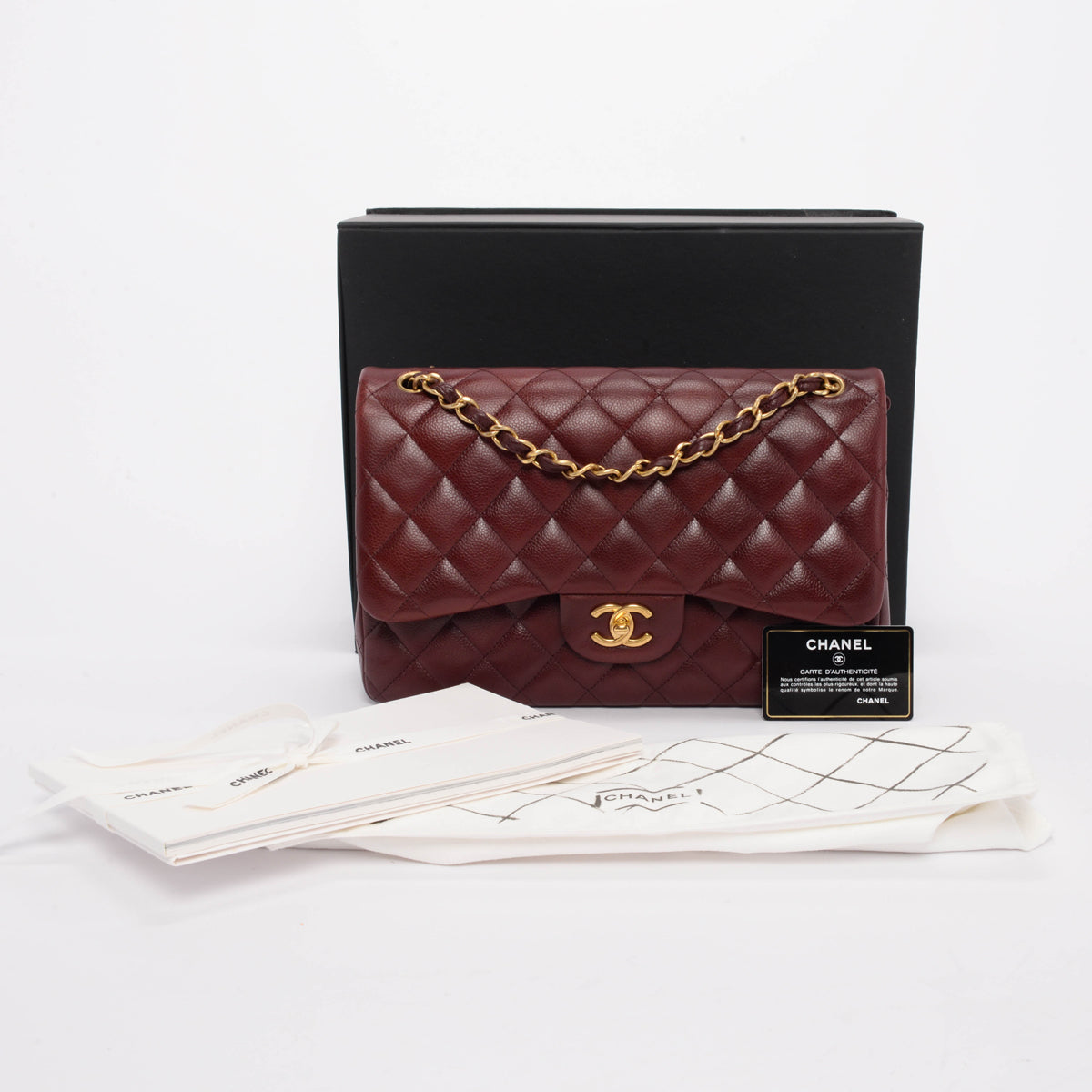 Chanel Burgundy Caviar Large Double Flap Shoulder Bag