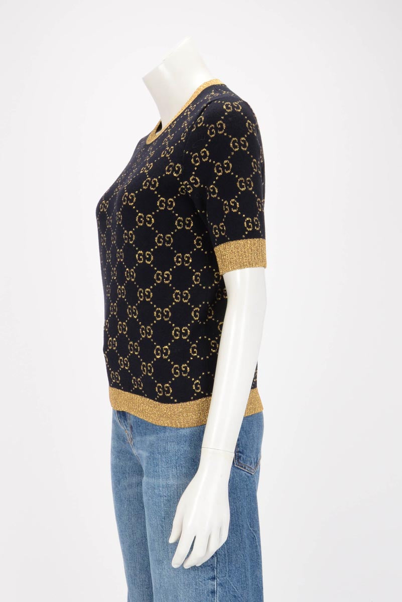 Gucci Navy & Gold Lurex Knit GG Monogram Top M