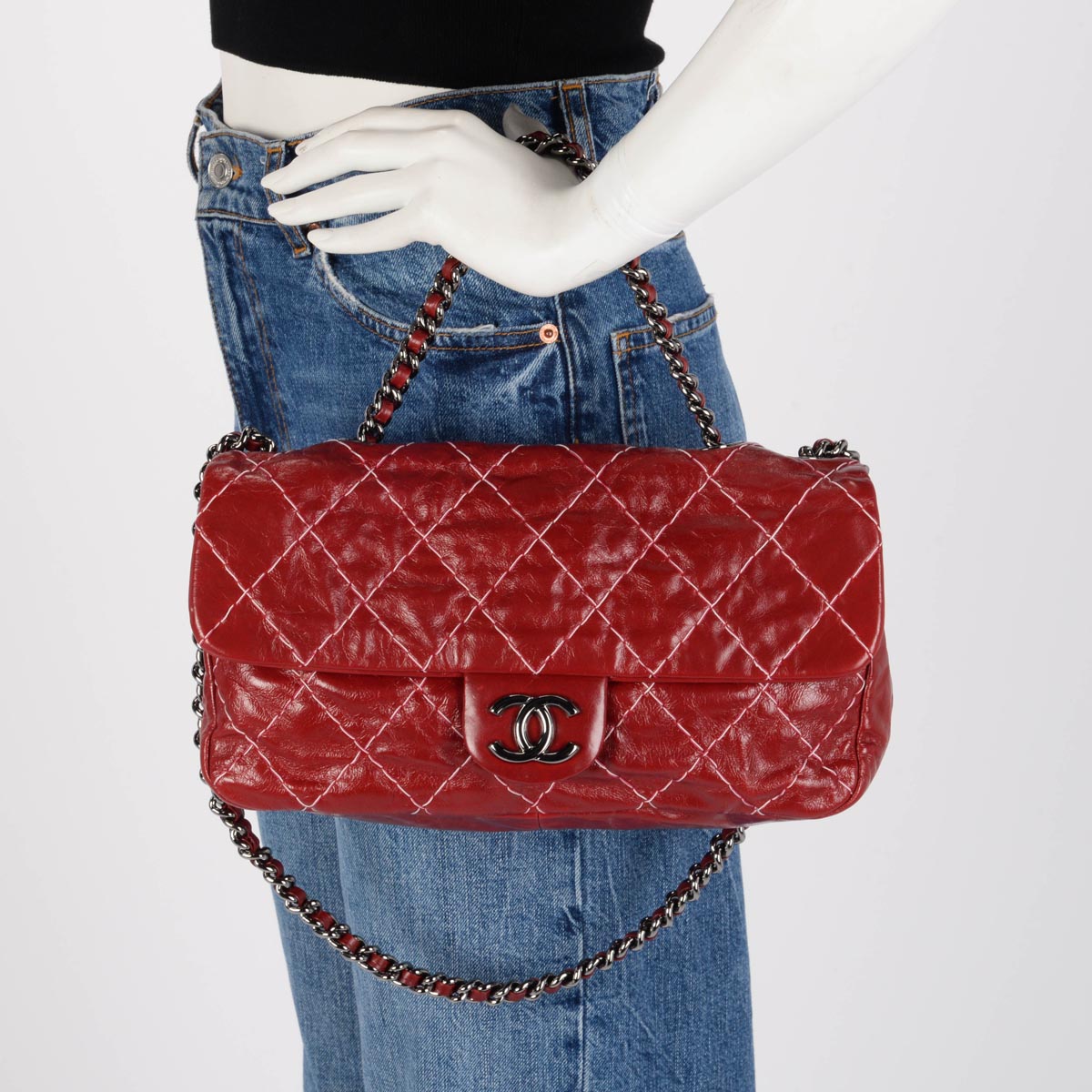 Chanel Dark Red Glazed Goatskin Double Stitch Flap Bag