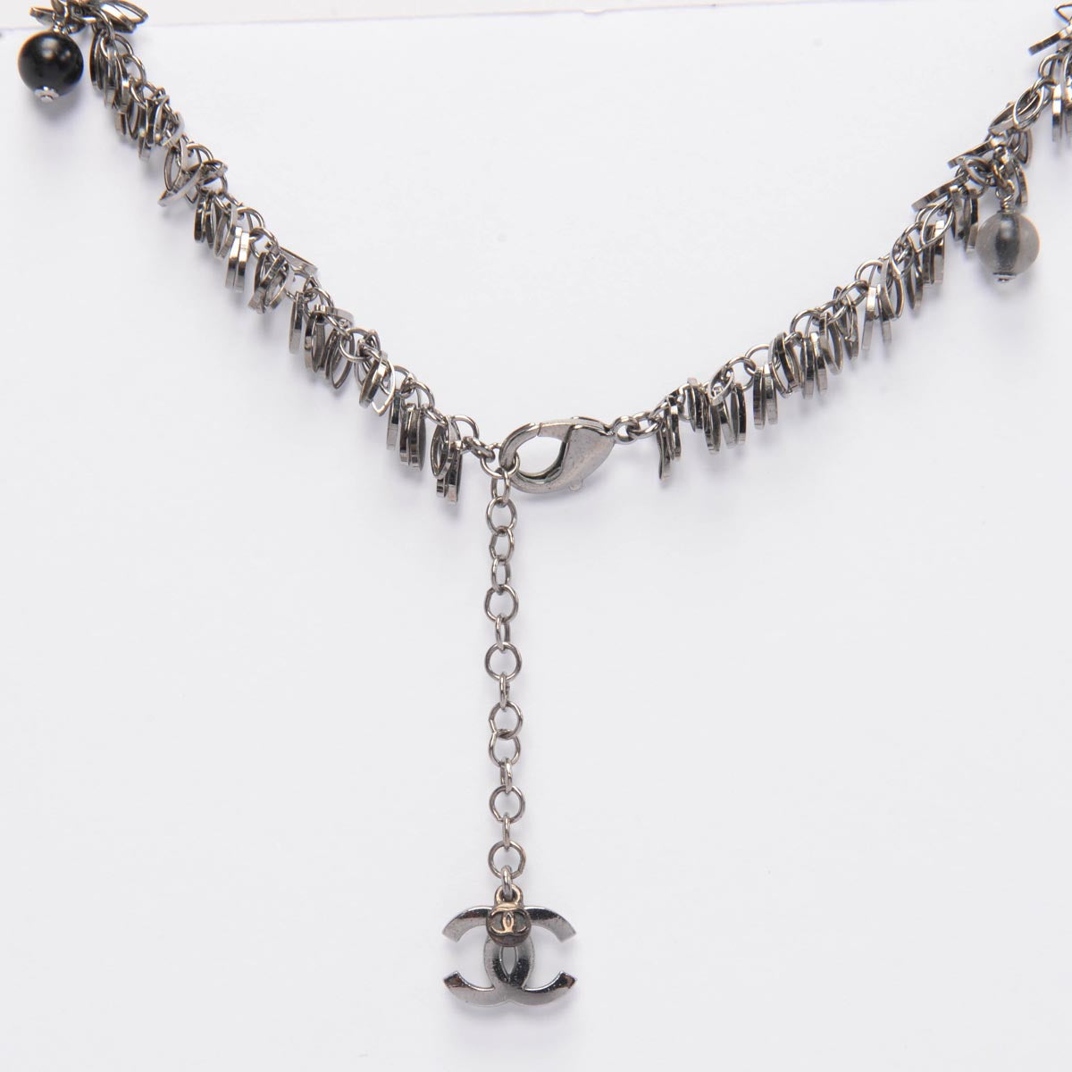 Chanel Pearl & Black Beaded Silver Chain CC Necklace