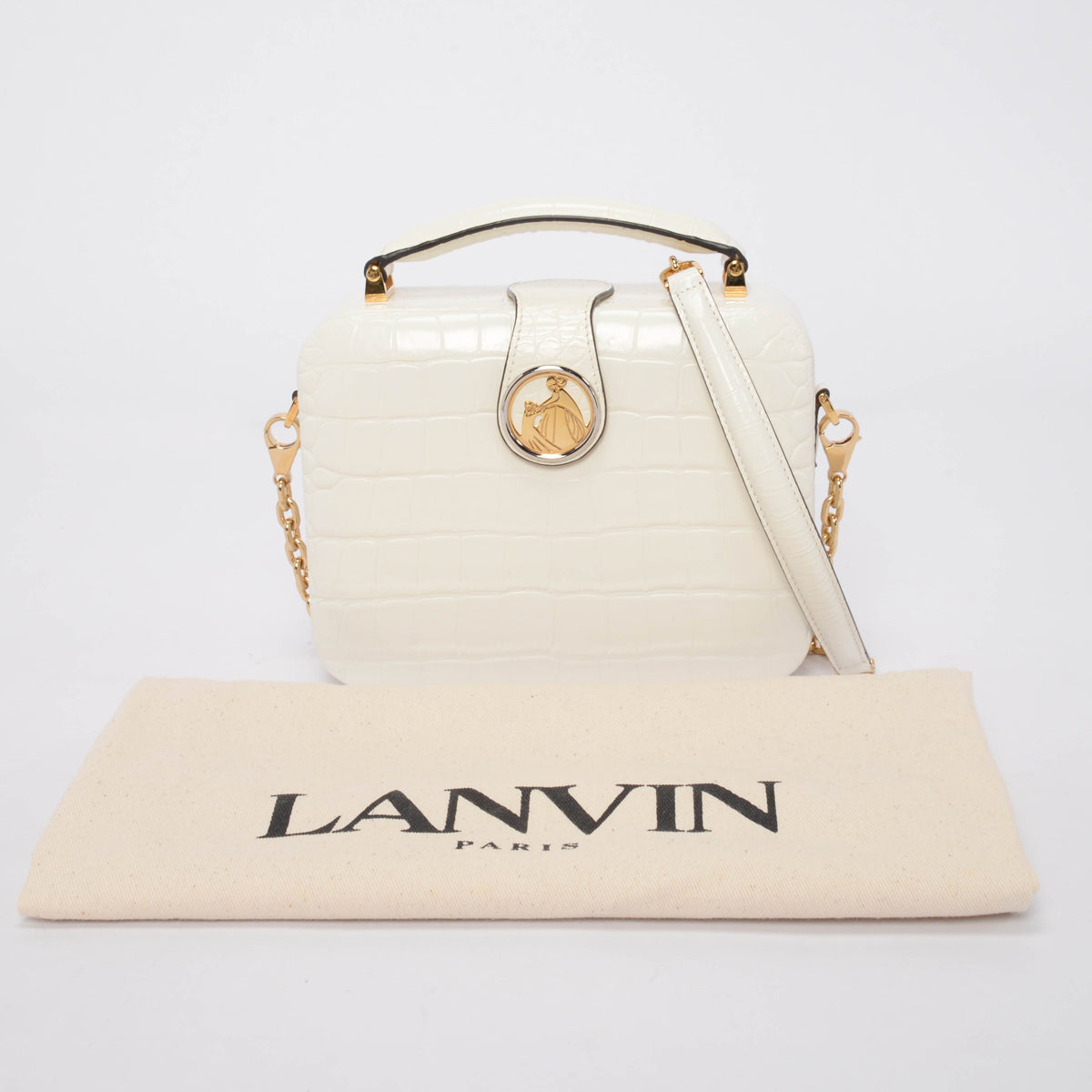 Lanvin White Croc Embossed Bento Box Top Handle Bag