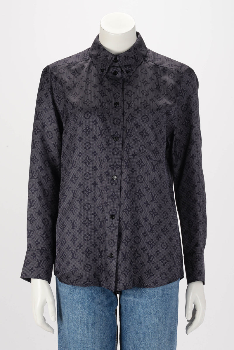 Louis Vuitton Navy Silk Inverted Mahina Monogram Shirt FR 38