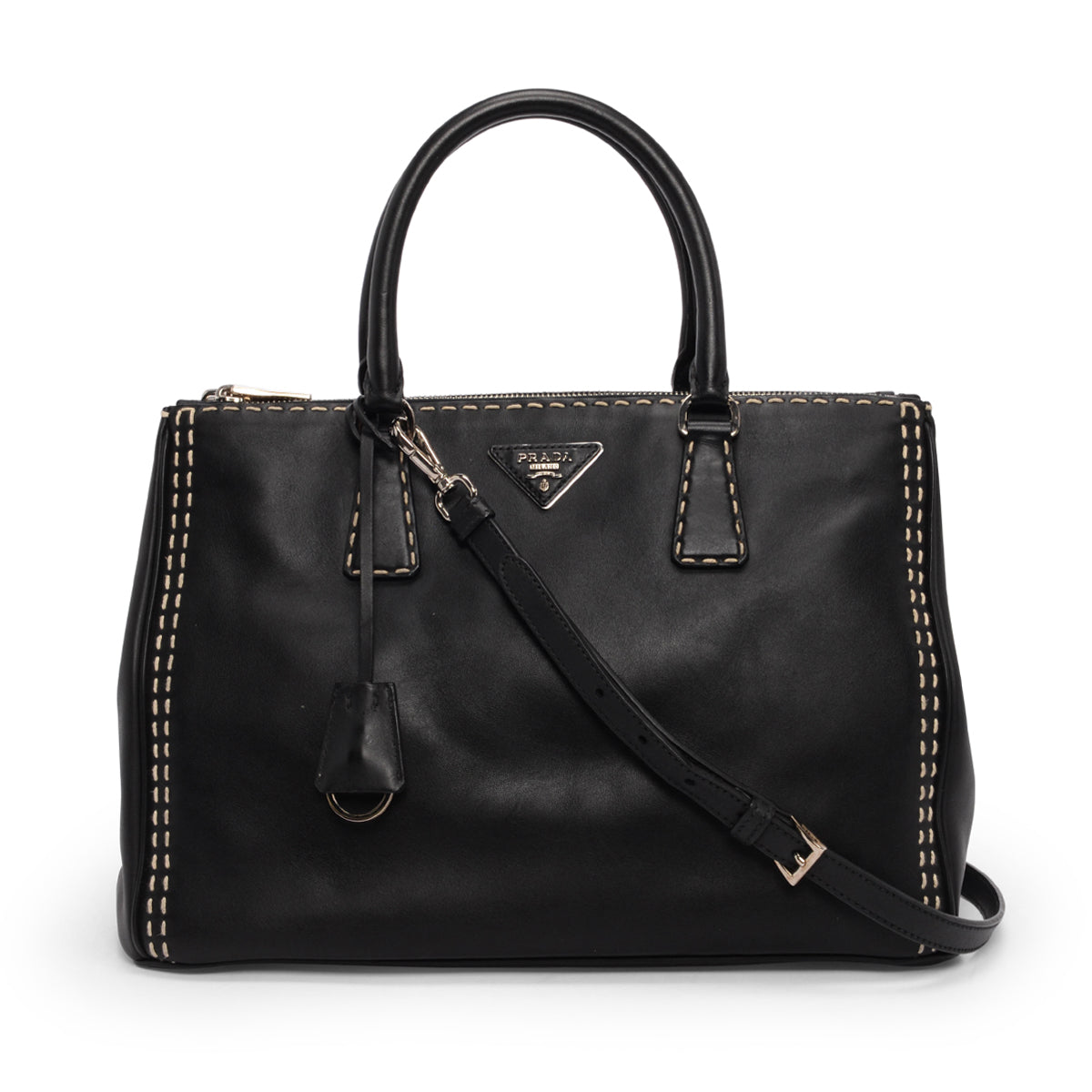 Prada Black Topstitched City Calf Medium Double Zip Tote