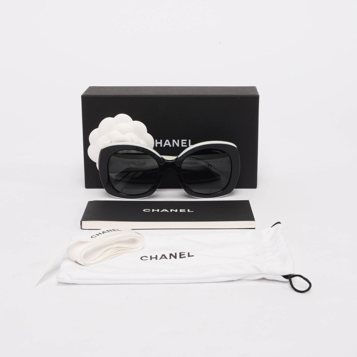 Chanel Black & White Round Spellout Sunglasses