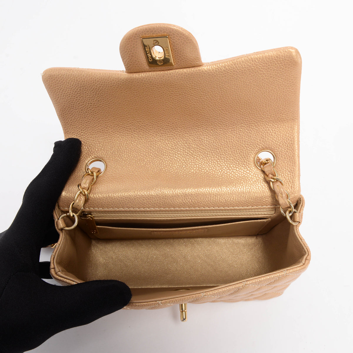 Chanel Pearly Gold Caviar Mini Rectangular Flap Bag