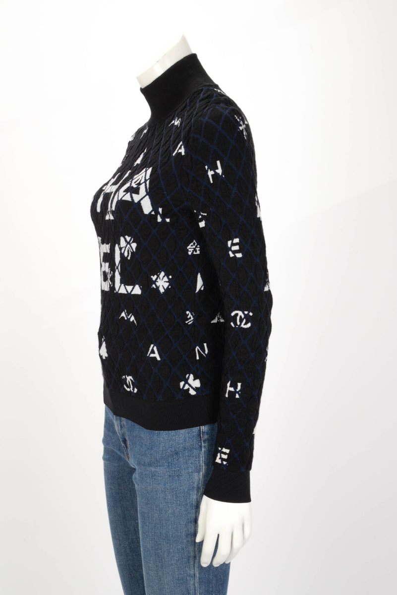 Chanel Navy & Black Quilted Coco Neige Motifs Sweater FR 34