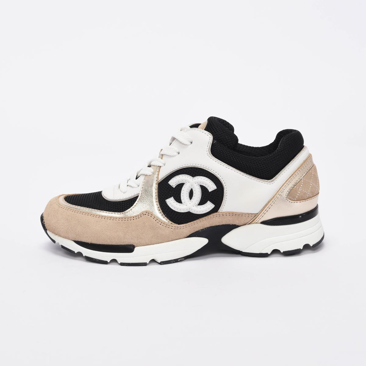 Chanel Beige & Gold Mixed Fibers CC Trainer Sneakers 37.5
