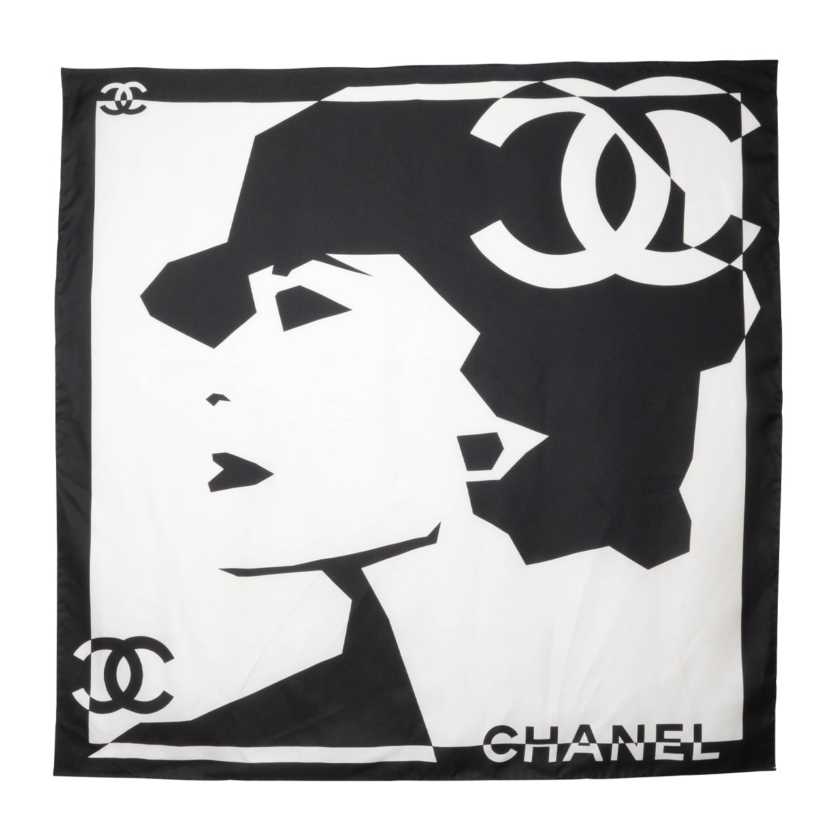 Chanel Black & White Silk CC Coco Mademoiselle Scarf