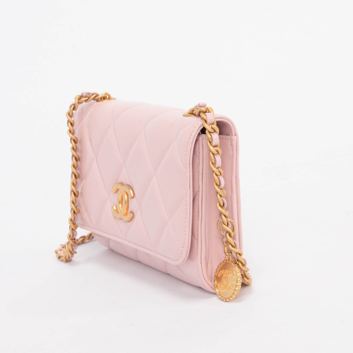 Chanel Pink Glossy Lambskin CC Medallion Wallet on Chain