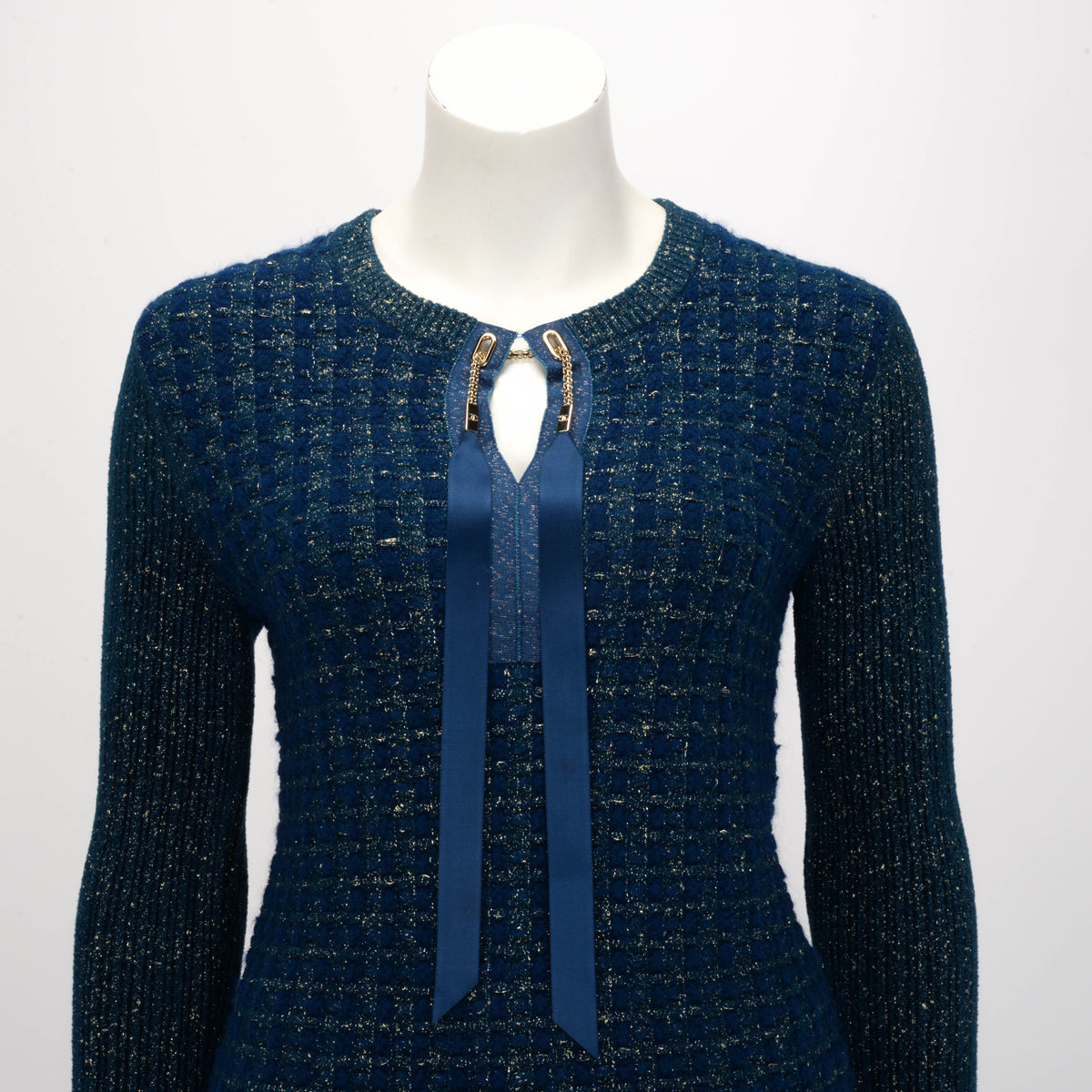 Chanel Blue & Gold Lurex Knit Chain Drawstring Sweater FR 38