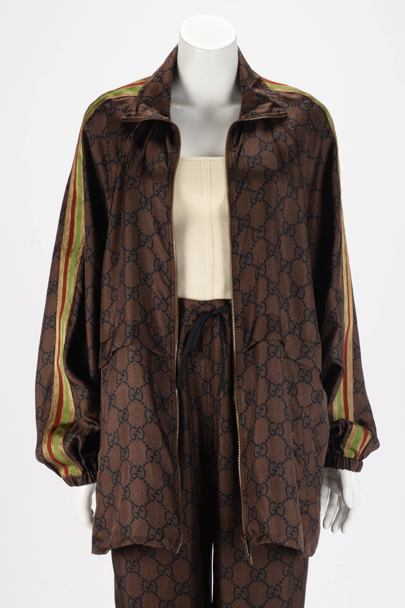 Gucci Brown Silk GG Supreme Zip Jacket L