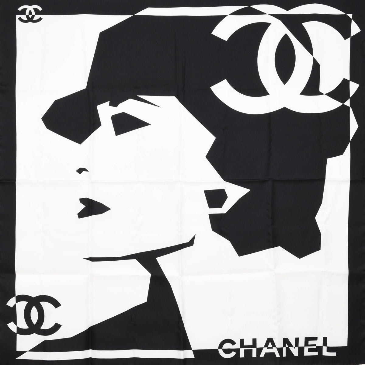 Chanel Black & White Silk CC Coco Mademoiselle Scarf
