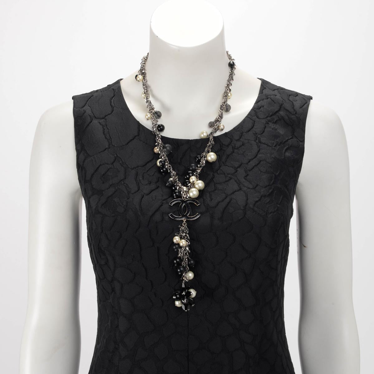 Chanel Pearl & Black Beaded Silver Chain CC Necklace