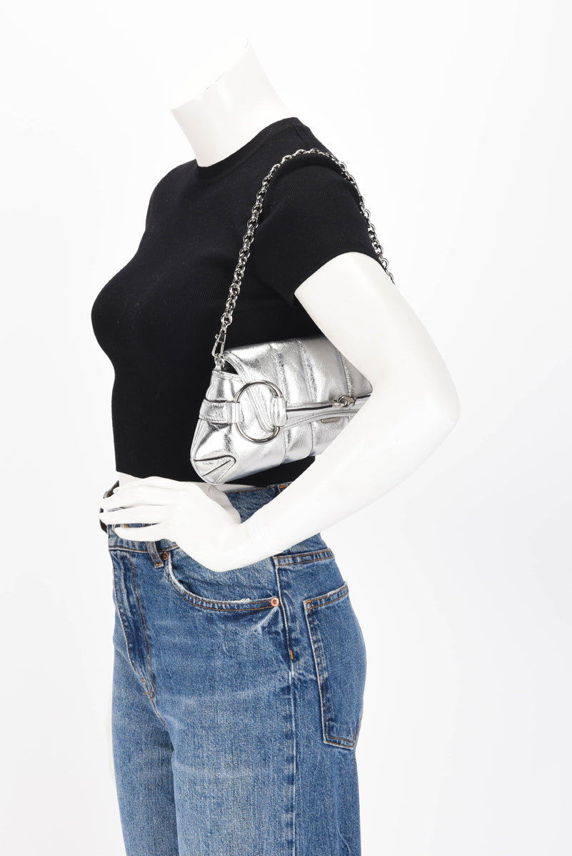Gucci Silver Matelasse Small Horsebit Chain Bag