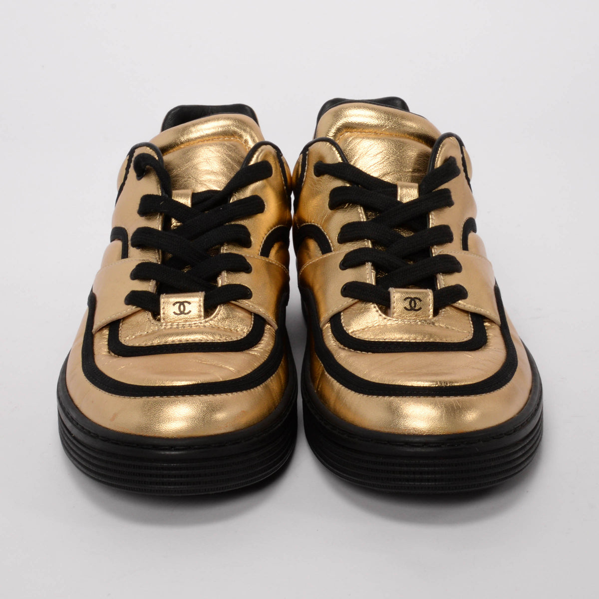 Chanel Gold Metallic Lambskin CC Logo Sneakers 40