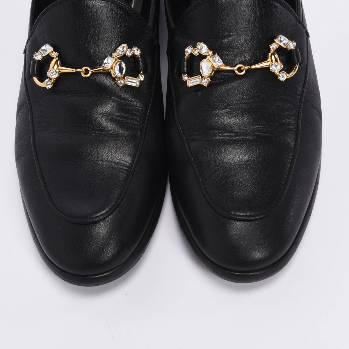 Gucci Black Malaga Kid Jordaan Crystal Horsebit Loafers 38