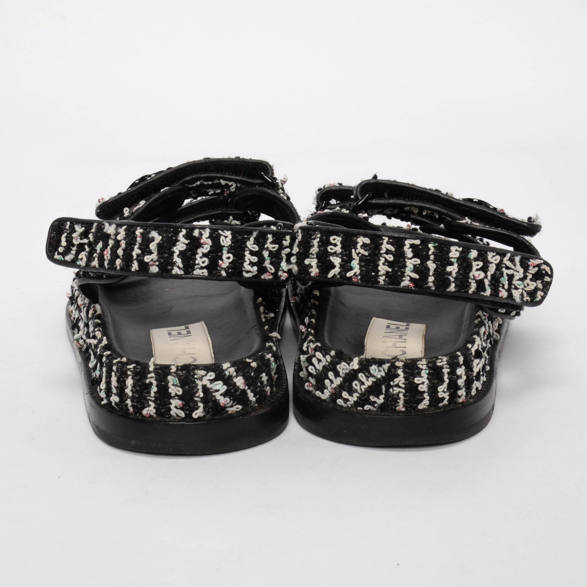 Chanel Black & White Tweed Crystal CC Dad Sandals 38.5