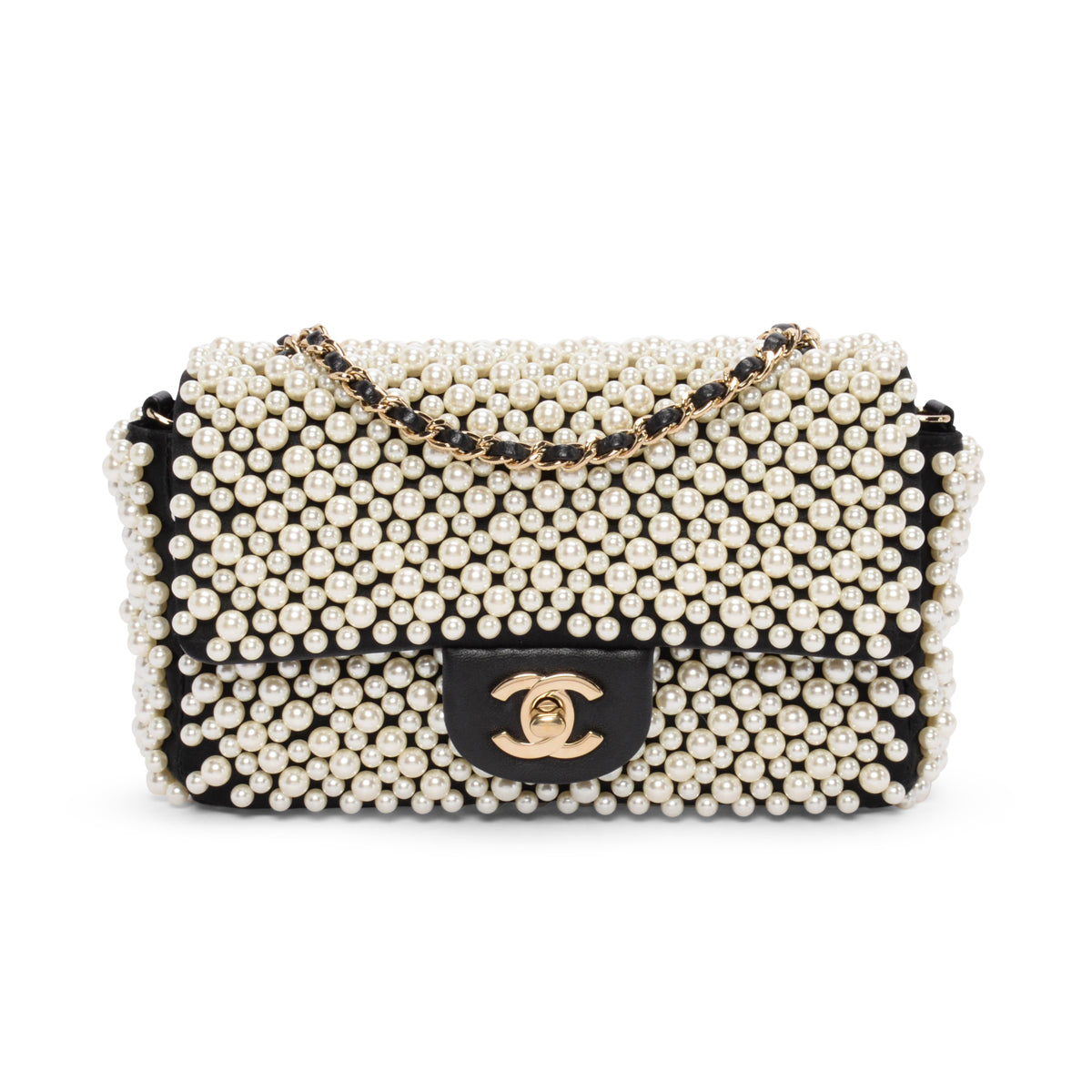 Chanel Black Satin & Lambskin Pearl On Flap Bag