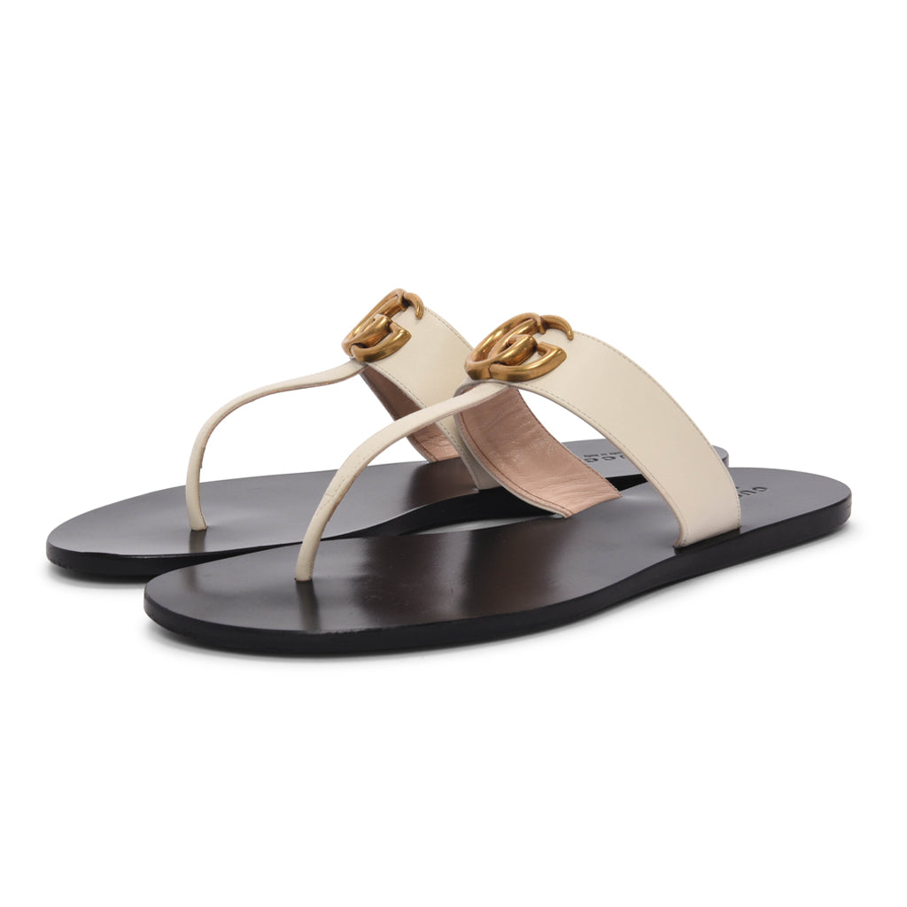 Gucci Off White Calfskin Double G Thong Sandals 40