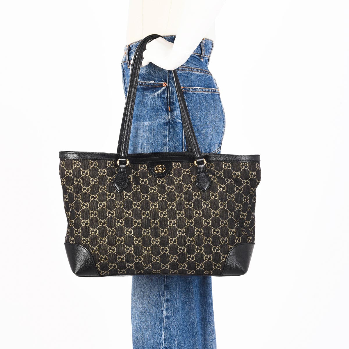Gucci Black GG Denim Ophidia Tote