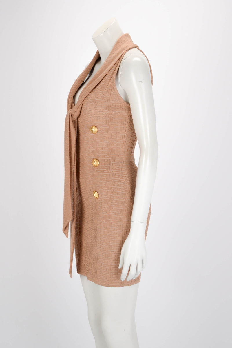 Balmain Gold Monogram Knit Sleeveless V-Neck Dress FR 36