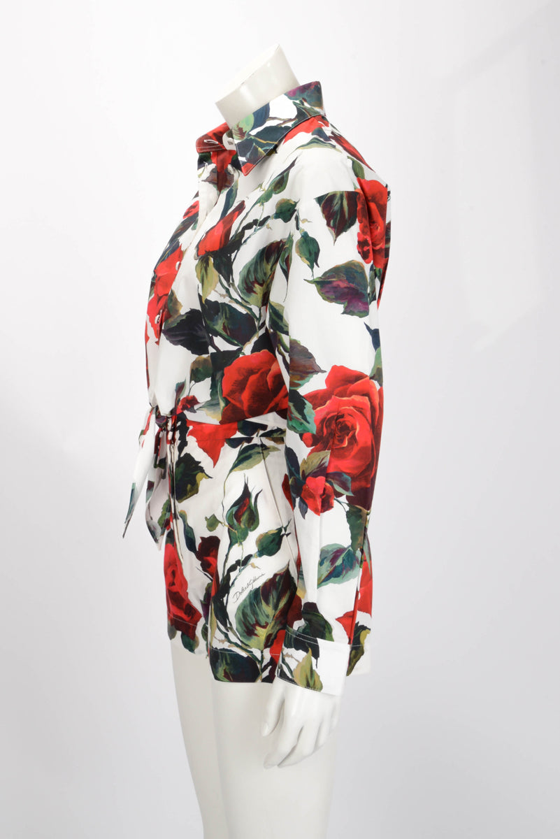 Dolce & Gabbana White Cotton Rose Print Shirt & Shorts 38
