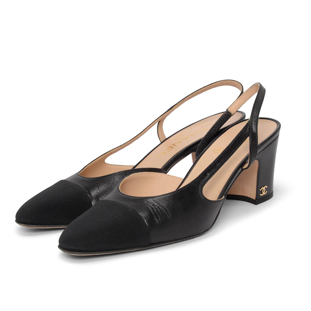 Chanel Black Lambskin & Grosgrain Slingback Pumps 38