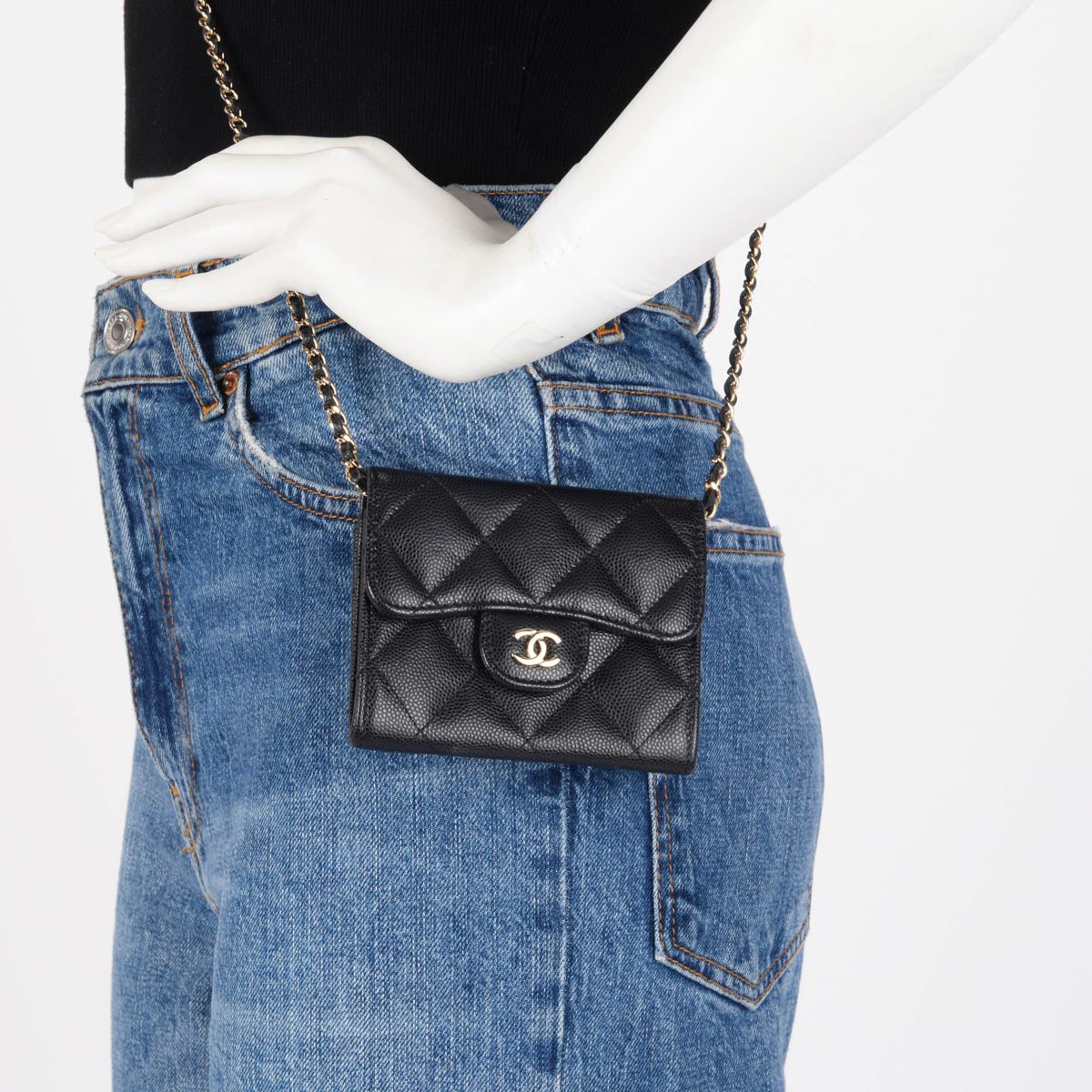 Chanel Black Caviar Classic CC Card Holder on Chain