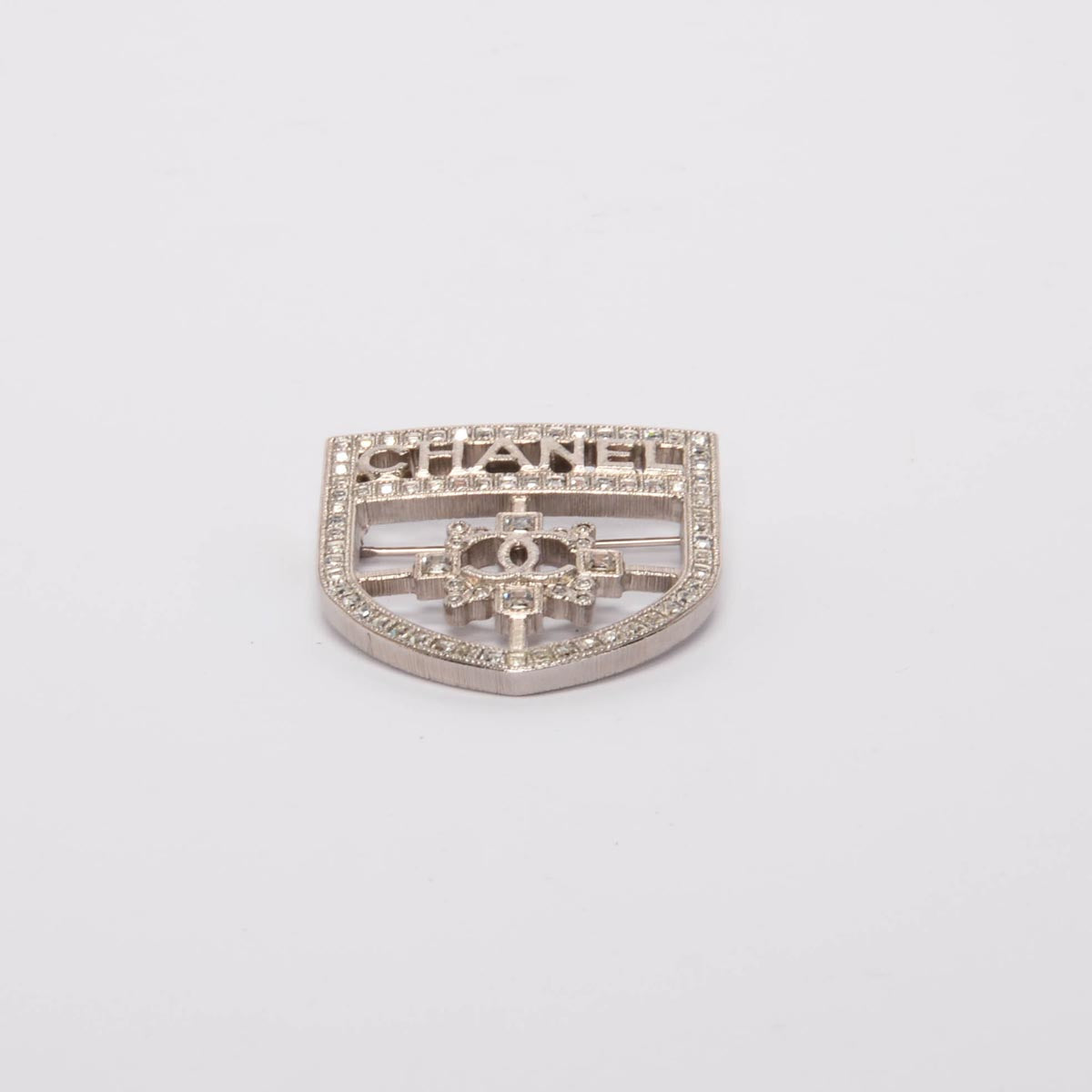 Chanel Silver Crystal CC Shield Brooch