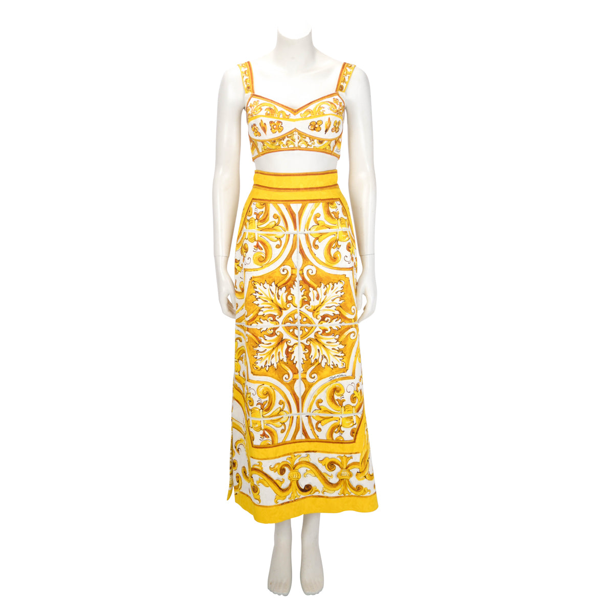 Dolce & Gabbana Yellow Cotton Majolica Print Top & Skirt Top: IT 40, Skirt: IT 3