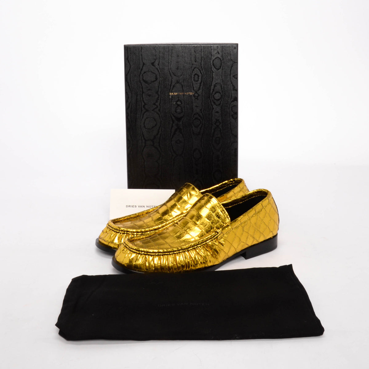 Dries Van Noten Gold Croc Embossed Loafers 38.5