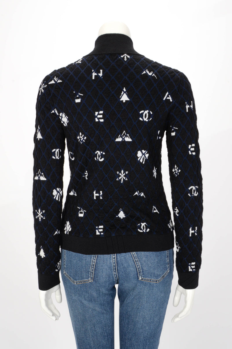 Chanel Navy & Black Quilted Coco Neige Motifs Sweater FR 34