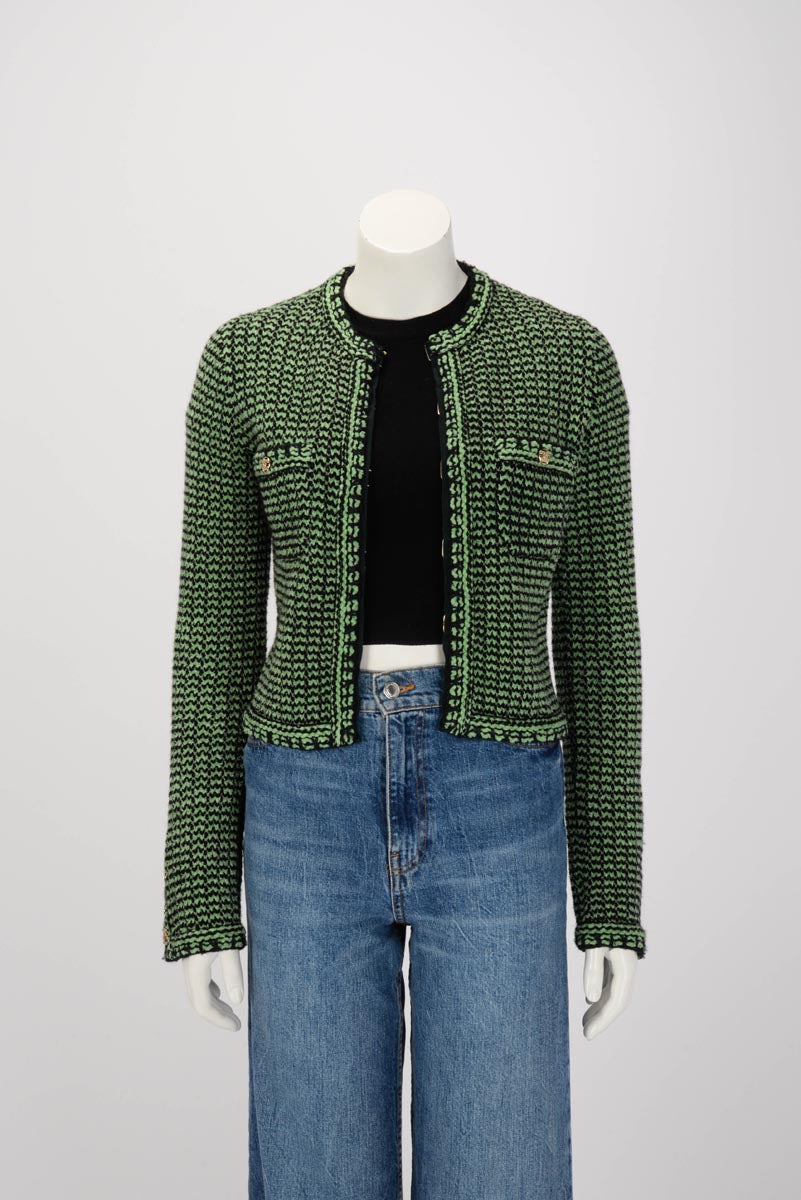 Chanel Green Chenille Knit CC Button Cardigan FR 34